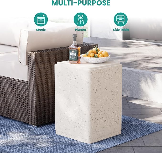 SUNBURY Outdoor Concrete Side Table, 20" H Outdoor End Tables, Cement Accent Table for Patio, Rectangular Modern Garden Small Garden Stool for Patio, Backyard, Spotted White