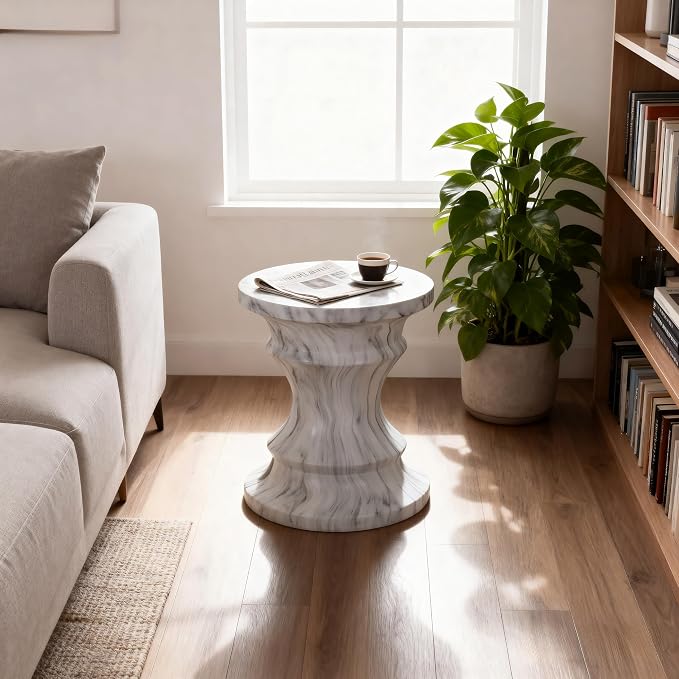 Faux Terrazzo Cement Tree Stump Stool Table, Modern Outdoor Accent Table for Patio & Garden, Round Side Table Indoor and Outdoor, Marble