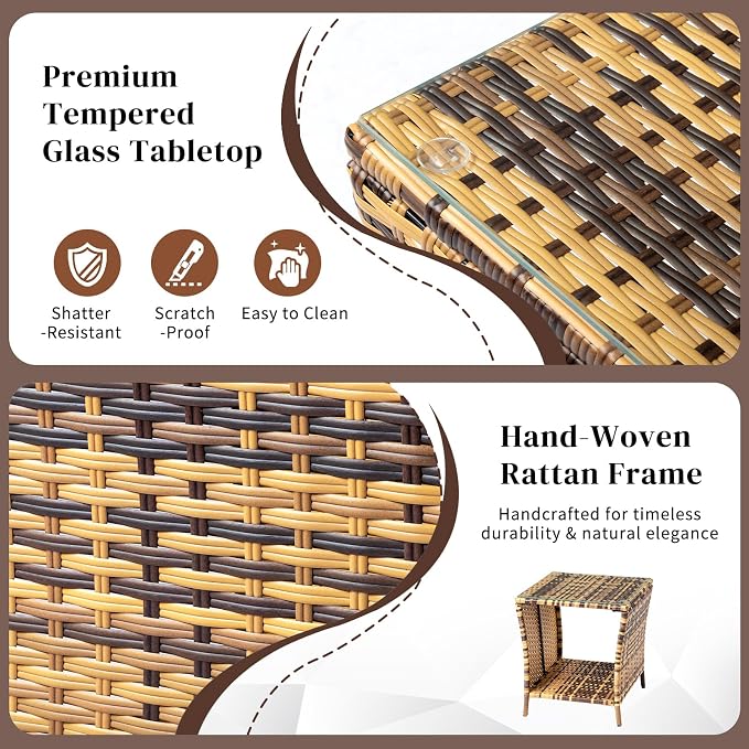 Wicker Rattan Side Table, Outdoor Square Rattan Coffee End Table Patio Wicker Table with Tempered Glass Top and Storage for Garden Porch Deck Backyard (Yellow Gradient)