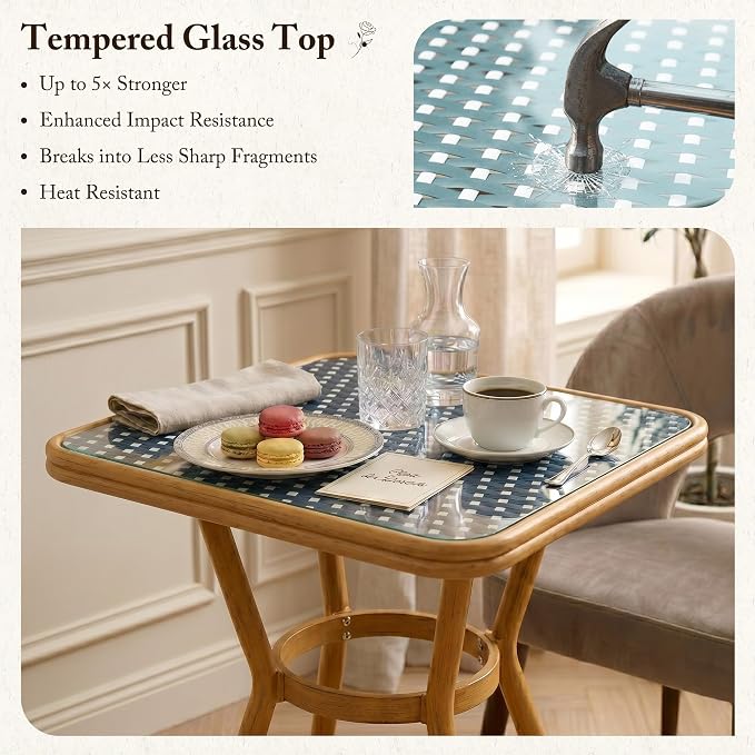 PURPLE LEAF 3-Piece French Bistro Dining Set Square Outdoor Patio Table and 2 Armless Chairs Tempered Glass Top PE Rattan Bamboo Print Finish Aluminum Frame Light Blue