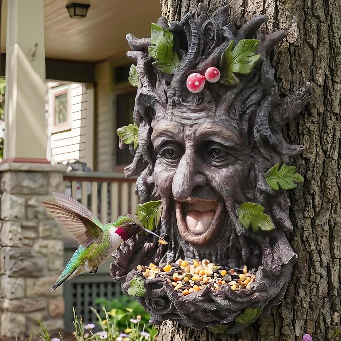 12" Real Tree Face Hugger Statue, Outdoor Garden Resin Bird Feeder Sculpture with Foliage Features, Fairy Elve Accent Yard Art, Halloween Trees Decorations Outdoor Wall Mounted Statue