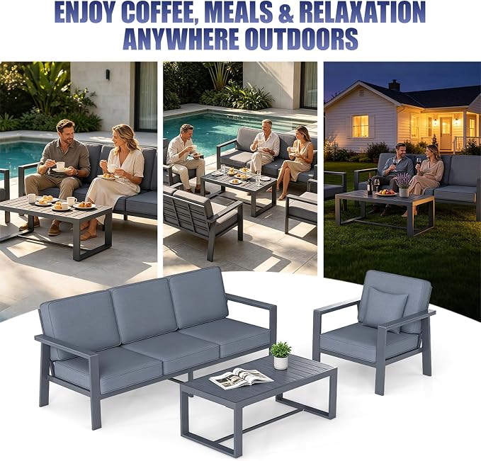 Premium Aluminum Patio Furniture Set 5 Piece,Outdoor Conversation Set with Wide Armrests,5" Thick Cushions, Olefin Fabric,Rustproof Metal Frame,Deep Seating Patio Sofa Set for Backyard,Deck,villa,Gray