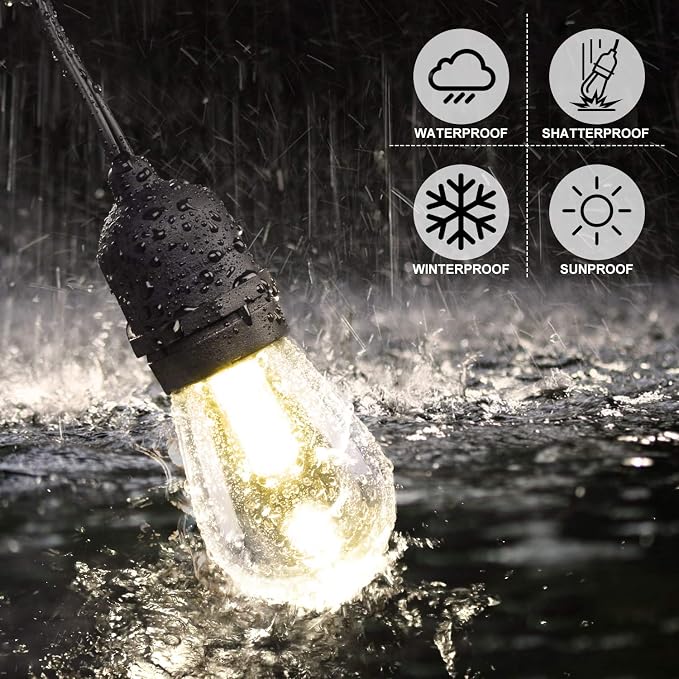 3 Color Outdoor LED Dimmable String Lights with Remote 48FT, Black | Plug in, Jump/Fade/Static Modes, 2700K/4000K/5000K, 15 S14 Bulbs, Shatterproof, Waterproof, Linkable, Backyard Patio Decor