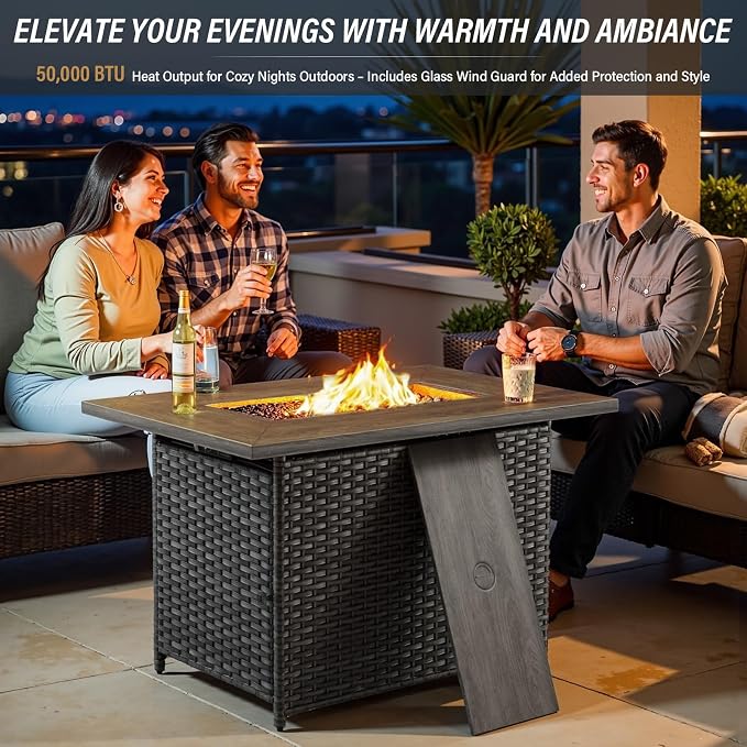 Belord Full 4 Pieces Patio Furniture Set with 41” Propane Fire Pit Table, Outdoor Conversation Set with Swivel Glider Outdoor Chair Set of 2 and Rattan Sofa for Deck Backyard