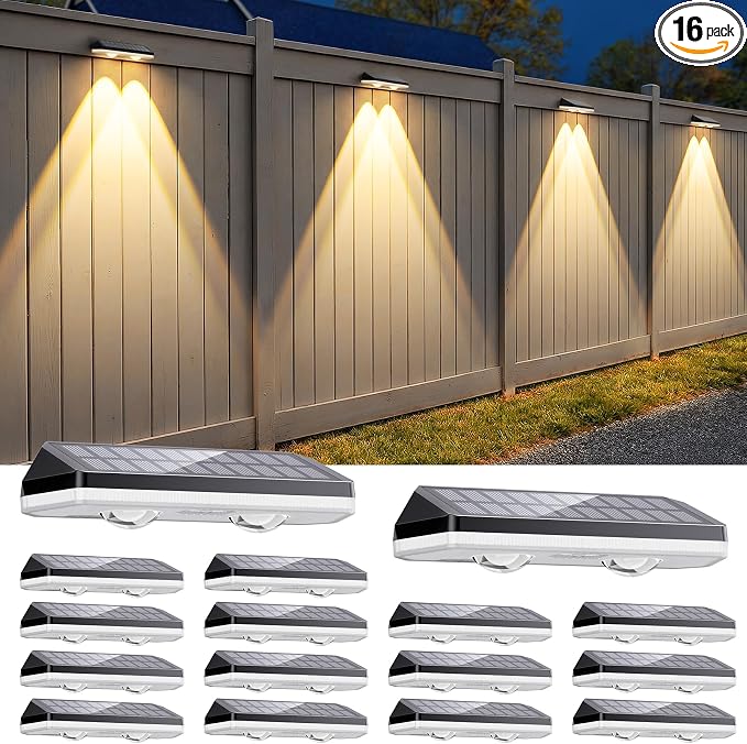 Solar Fence Lights Outdoor,3000/4500/6000K/RGB 13 Mode 16PACK Fence Lights Solar Powered High Brightness LED Lens IP65 Waterproof Solar Wall Light for Outside/Patio/Step/Backyard/Railing Pool/Deck
