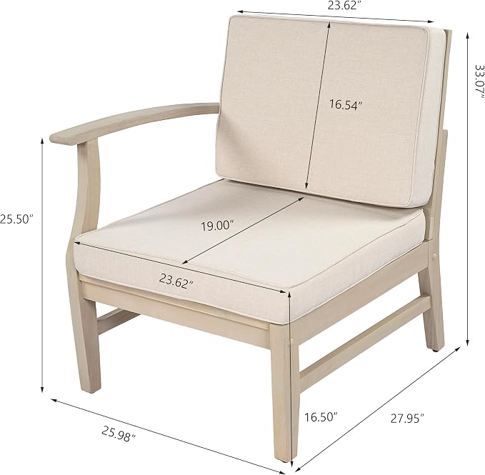 Christopher Knight Home Ace 4-Piece Outdoor Patio Furniture Set, Acacia Wood Patio Conversation Set with Loveseat, Accent Chairs And Coffee Table, 4-Seater Patio Sofa Set With Cushion,Light White+Sand