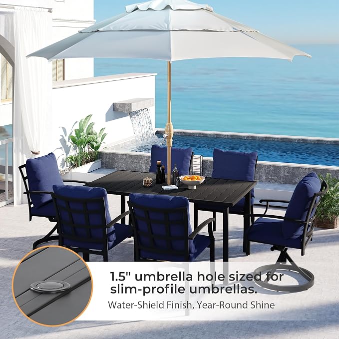 HAPPATIO Outdoor Dining Table for 6, Large Rectangular Metal Patio Table with 1.5" Umbrella Hole, Powder-Coated Frame for All-Weather, Black, Modern Style