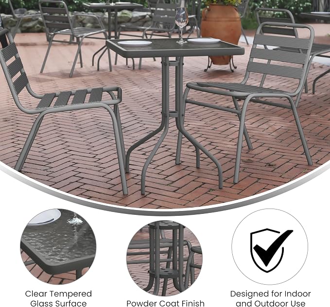 EMMA + OLIVER Benji Patio Dining Table - Silver Metal Frame - 23.5" Square Tempered Glass Top - Suitable for Indoor/Outdoor Use