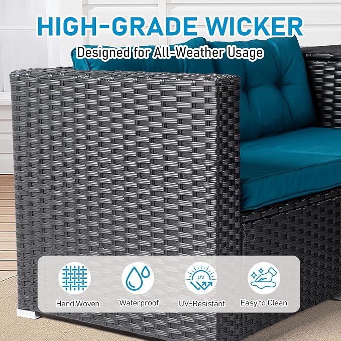 VINGLI 4 Pieces Outdoor Sectional Wicker Patio Furniture with Storage, Patio Sectional Sofa Outdoor Couch Conversation Set, Glass Top Coffee Table for Backyard, Pool, Garden(Black)