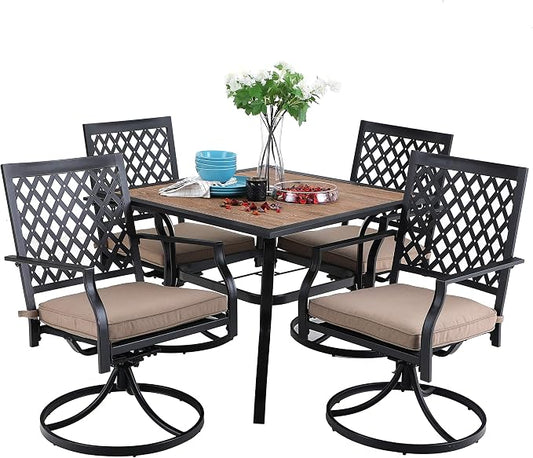 PHI VILLA Patio Furniture Set 5 Pieces Patio Dining Set Outdoor Table and Chairs 4 x Swivel Dining Chairs with 37" Metal Umbrella Table for Outdoor Lawn Garden Backyard