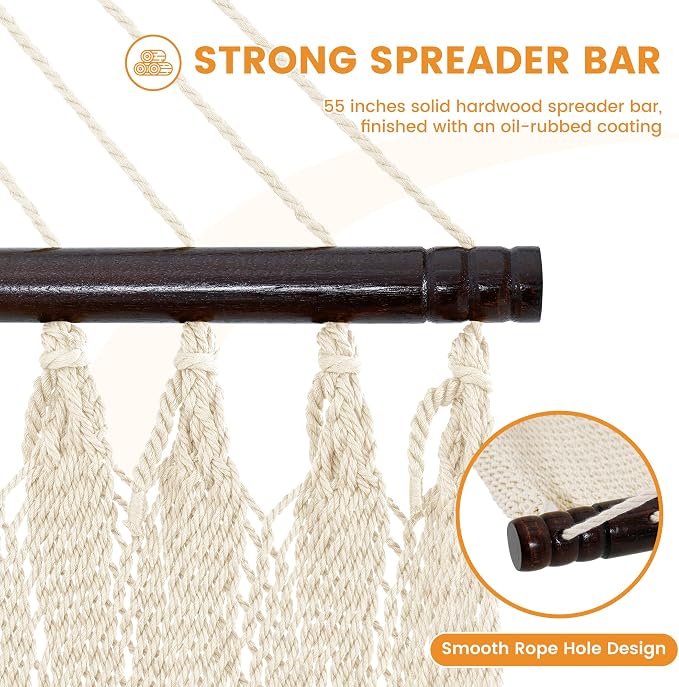 Lazy Daze Hammocks 13 FT Extra Large 2+ Person Caribbean Rope Hammock, Hand Woven Polyester XL Hammock with Spreader Bars, for Outside Outdoor Backyard Patio Poolside, 500 LBS Capacity, Gream