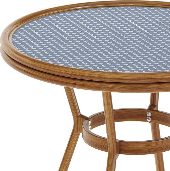 Flash Furniture Lourdes Indoor/Outdoor Commercial Bistro Table - Tempered Glass Top - PE Rattan - Natural Bamboo Print Aluminum Frame - 31.5" - Navy/White