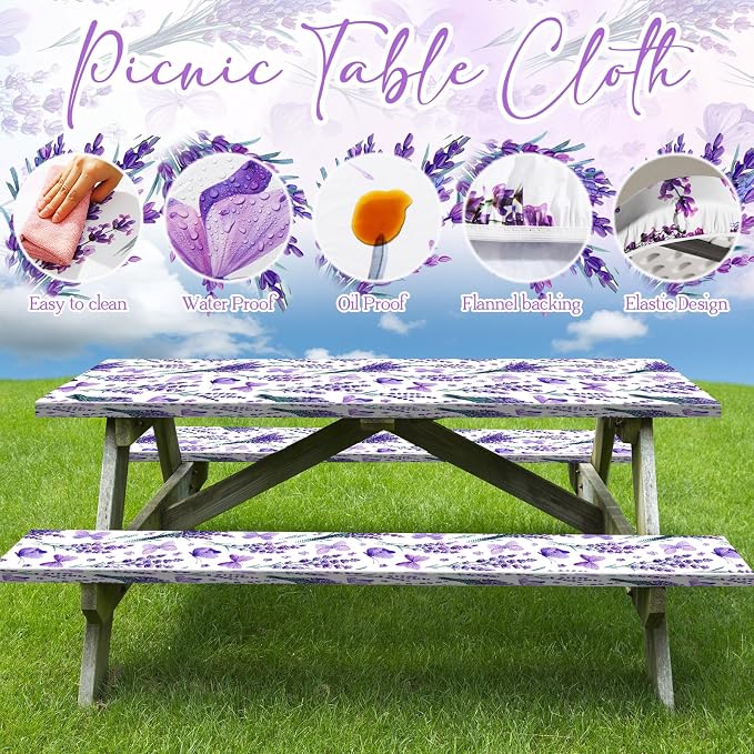 Boao 3 Pcs Vinyl Picnic Table Cover with Bench Cover 6 ft 30 x 72 Inch Waterproof Fitted Tablecloth Flannel Backing Rectangular Elastic Edged for Camping Outdoor Patio Travel(Lavender)