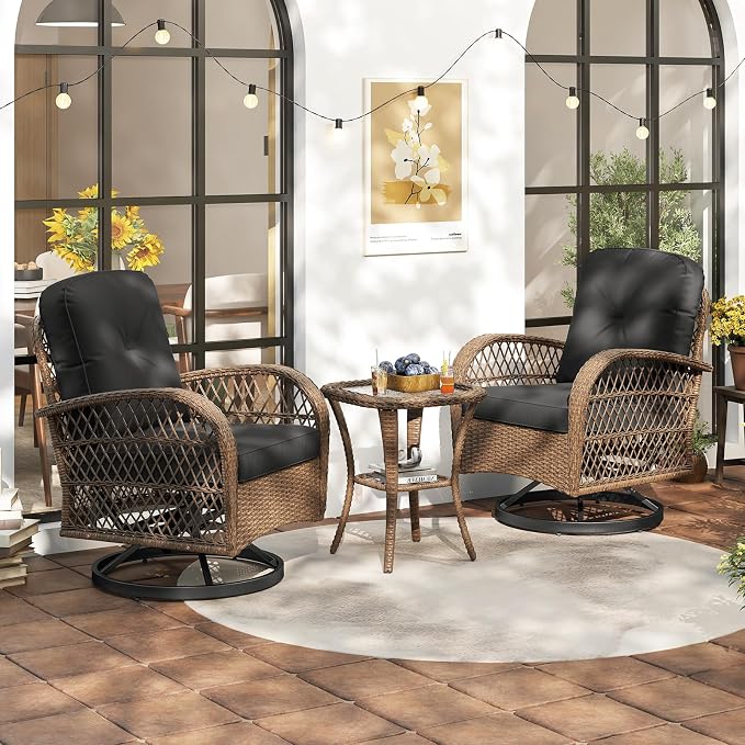 ORALNER 3 Pieces Wicker 360° Swivel Rocker Set Patio Furniture, Rocking Chairs with Cushions, Tempered Glass Coffee Table, Outdoor Rattan Bistro Set for Balcony Front Porch Deck Poolside (Black)