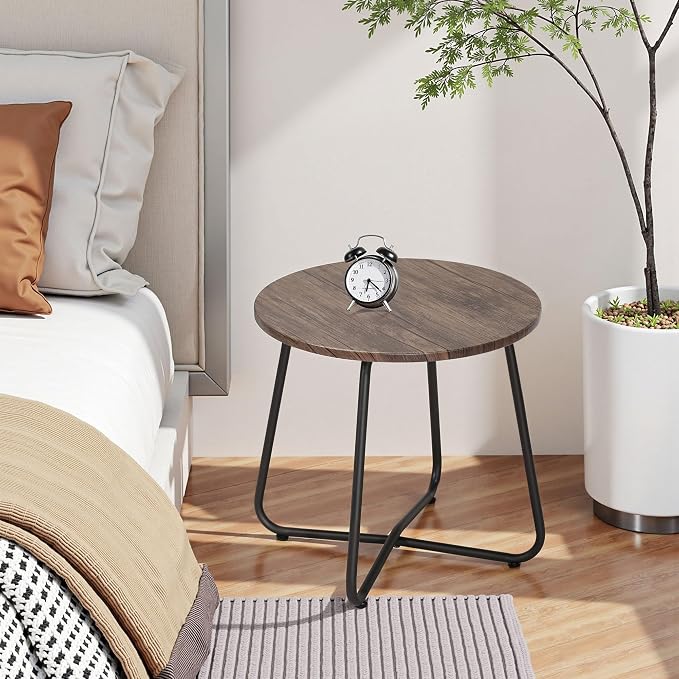 VECELO Outdoor Side Table,17.7 inch Small Round Patio Table,Waterproof Wood Table with Weather Resistant Steel Adjustable for Living Room Bedroom Garden Yard Balcony Porch Poolside