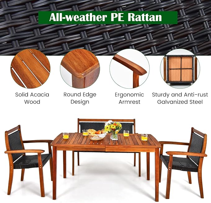 COSTWAY 4 Piece Patio Rattan Dining Furniture Set, Outdoor Acacia Wood Frame Loveseat, Chairs and Table Set with Umbrella Hole for Garden, Backyard, Lawn