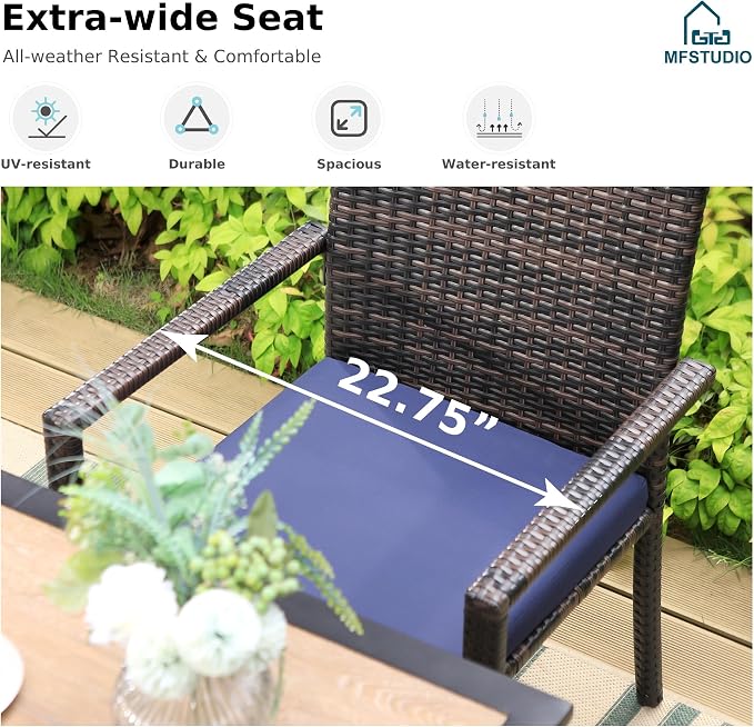 MFSTUDIO 5 Piece Patio Dining Table Set for 4, 37" Square Outdoor Metal Table & Wicker Chairs, Patio Dining Furniture Wood-Like Table and Chairs for 4, Deck, Yard, Porch