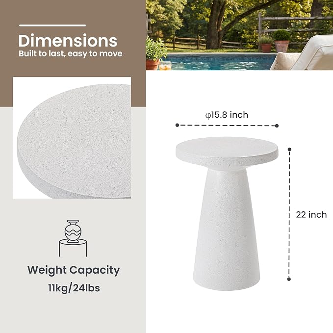 HOMPUS Outdoor Side Table Large, Concrete Side Table Faux Stone Cone Shaped, Patio Round Accent Table, Lightweight MgO Tall Coffee Table Garden Tool for Home Decor, Porch and Deck, Spotted White