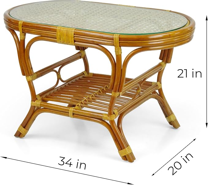 Malibu Lounge Set of 4: 2 Natural Rattan Wicker Chairs, Three-Seater Sofa and Coffee Table with Glass Handmade, Colonial Color with Black Leaf Cushions