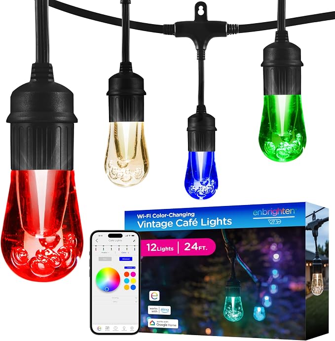 Enbrighten Vintage Outdoor String Lights, 24ft, 12 Bulbs, Smart | RGBWIC LEDs, Weatherproof, Shatterproof Acrylic Bulbs, Linkable up to 750ft, App Control, Works with Alexa & Google Home