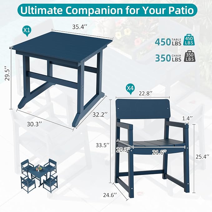 JAMFLY 5 Piece Outdoor Dining Set, All Weather Patio Table and Chairs for Backyard Garden Deck Lawn Pool, Sturdy All Weather Outdoor Furniture Set, Blue