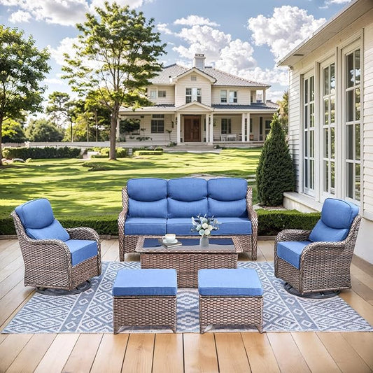HUMMUH Wicker Patio Furniture Set 6 Inch Thick Cushion Outdoor Swivel Rocker Patio Chairs with Deep Seat Sofa 6PCS Outdoor Furniture Set for Porch Garden Deck