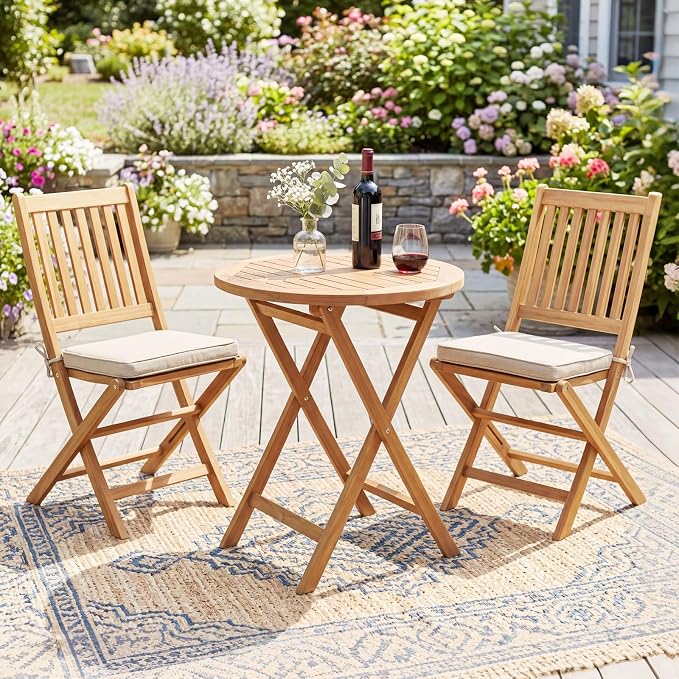 Tangkula 24-Inch Teak Wood Folding Outdoor Table, Round Patio Table with Sturdy X-Frame, Space Saving Outside Bistro Table for Deck, Porch, Poolside, Balcony & Garden