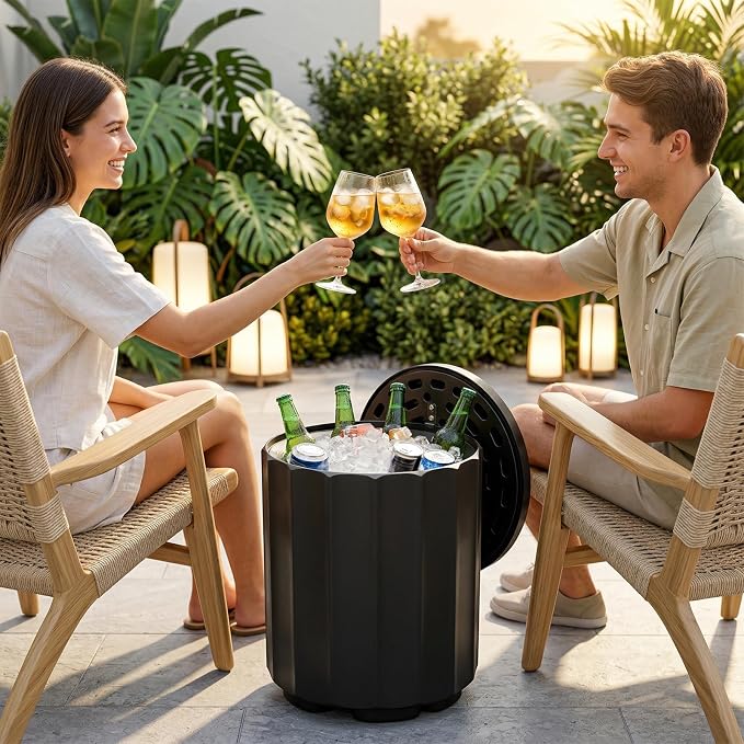 Outdoor Cooler Side Table, 2 in 1 Ice Chest Cooler Table All Weather Resistant | Dense Fluted Cooler Side Table with Hangable Lid for Patio Decor, Deck, BBQ, Beach | Black