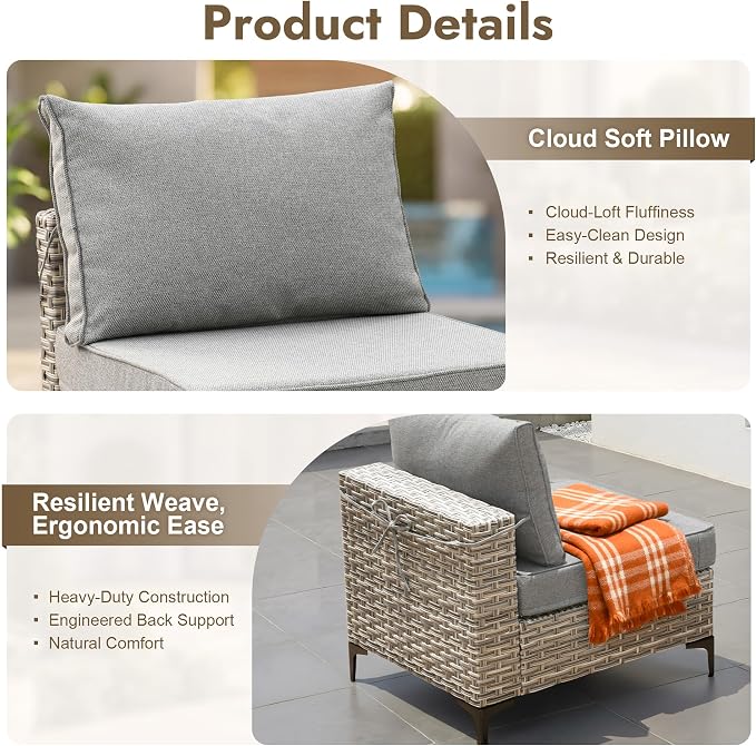 8 Pieces Outdoor Sectional Patio Furniture Set with Swivel Rocking Chairs,Conversation Sets Rattan Wicker L Shaped Couch,Modular Outdoor Sofa for Porch Balcony Backyard Dark Grey