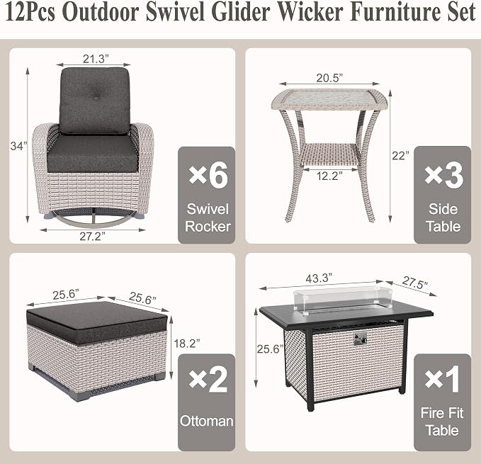 12-Piece Patio Furniture Set, Outdoor Swivel Rocking Chairs Set with 55,000 BTU Fire Pit Table,All Weather Conversation Set for Porch Poolside Balcony