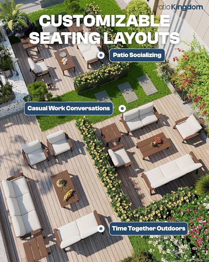7 Piece Patio Furniture Set, HDPE Outdoor Sectional with Beige Washable Thick Cushions, Coffee Table & Side Table, Patio Conversation Sets for Lawn, Garden, Porch, Balcony (Brown Frame)