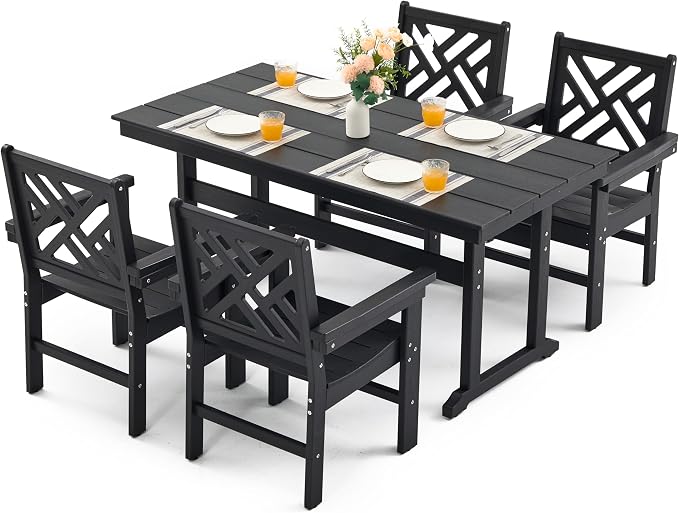 5 Piece HDPE Outdoor Dining Set for 4 Patio Dining Furniture Set with Umberlla Hole, Weather Resistent Outdoor Table and Chairs for Garden, Poolside, Backyard, Deck, Black
