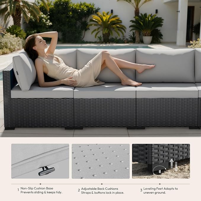 WWR Patio Furniture Set 7 Piece - All-Weather - Wicker Rattan Patio Outdoor Conversation Set, Modular Sectional Sofa for Backyard, Garden, Poolside, Balcony, Porch, Patio, Black/Light Gray