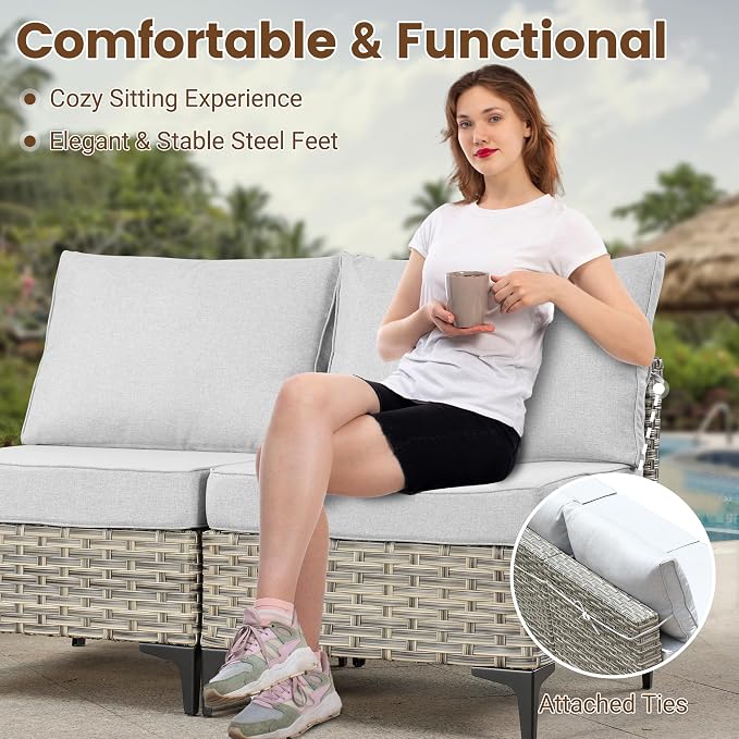 Outdoor Sectional Patio Furniture Set with Fire Pit Table,11 Pieces Rattan Wicker Conversation Sets L Shaped Couch,Out Door Furniture with Swivel Chairs Glowing Coffee Table,Light Grey