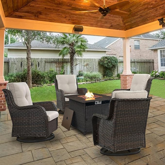 Belord Patio Furniture Set with Fire Pit Table, Outdoor Swivel Rocker Patio Chairs, Wicker Furniture Set Ideal for Porch, Deck, Pool, Yard, SunroomBrown Wicker/Beige