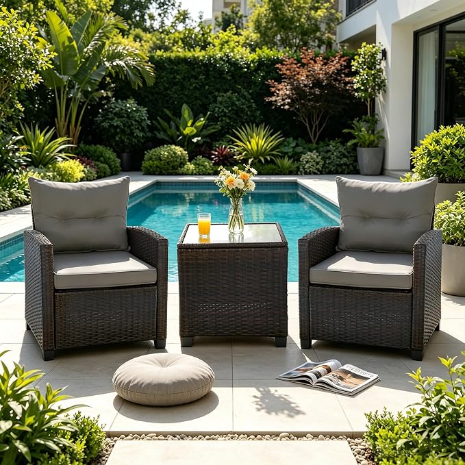 SHGJ&SOFT 3 Pieces Patio Furniture Set, Outdoor Conversation Set with Cushions, PE Rattan Wicker Bistro Set and Tempered Glass Tabletop, Outdoor Rattan Sofa for Poolside,Porch,Balcony (Grey)