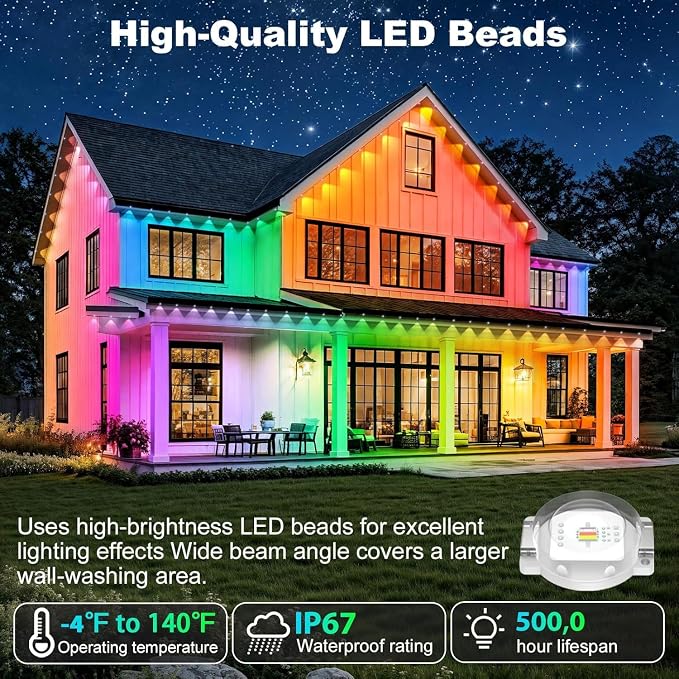 RCUICA 200FT Permanent Outdoor Lights Waterproof with Smart App Control Remote,DIY Scene Modes,Music Sync hronization,Eaves Lights for Garden Decor,Deck,Christmas