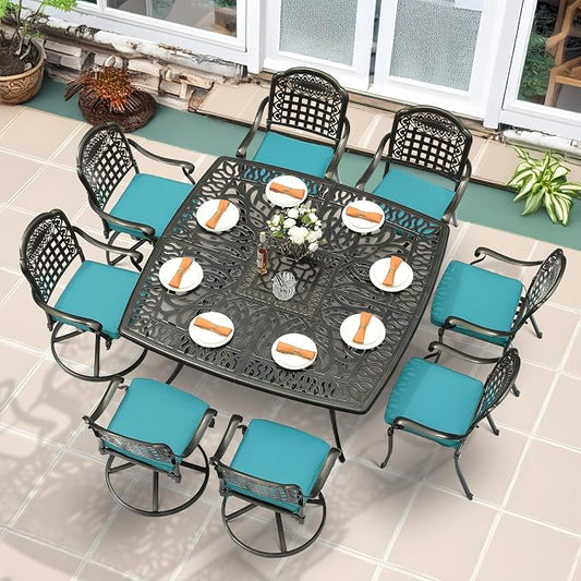 MEETWARM 9-Piece Outdoor Patio Dining Set for 8, All Weather Cast Aluminum Patio Funiture Table and Chairs Set- Large 64" Square Table and 4 Swivel Rocker Chairs, 4 Stationary for Garden, Ocean Blue