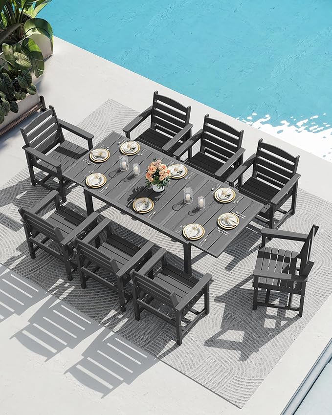 SERWALL HDPE and Aluminum Outdoor Dining Set for 8, Grey | 60" - 83" Expandable Outdoor Dining Table and 8 HDPE Chairs, All Weather Outdoor Furniture Set