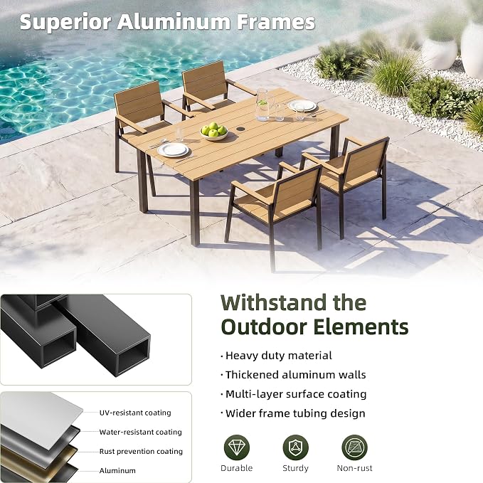 Outdoor Table and Chairs for 4 Aluminum Patio Dining Set with Umbrella Hole | All Weather,HDPS Material,Oversized,5 Piece,for Backyard,Rot-Fade-Crack Proof,Maintenance-Free,Sturdy,Heavy-Duty,Chocolate