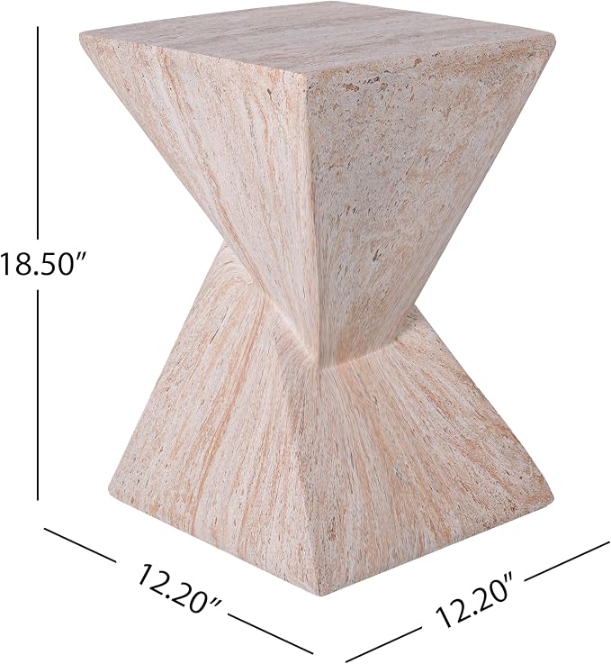 Merax 18.5" H Modern Outdoor Concrete Side Table, Patio End Table with Sculptural Fluted Design, Weather-Resistant Geometric Minimalism Accent Table for Garden, Balcony & Poolside, Beige Marble