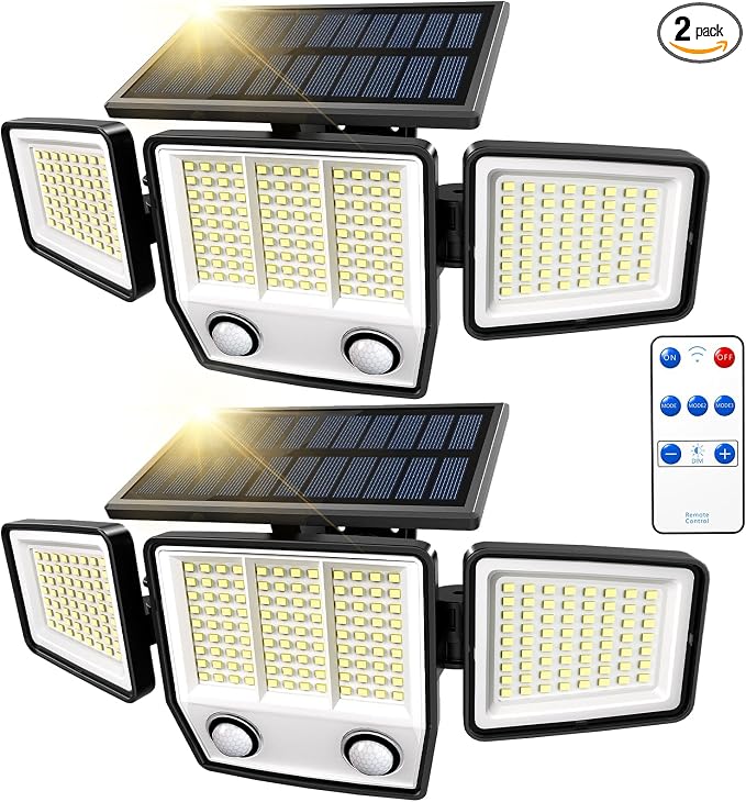 MDCMDCM Solar Motion Sensor Outdoor Lights Waterproof - 3000LM 3 Modes Security Lights Outdoor 270° Illumination IP65 LED Solar Flood Wall Light for Garden Yard Patio Pathway (with ‎Remote Control,2)