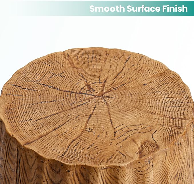 SUNBURY Outdoor Side Table, Stump End Table, Wood Stump Stool Light Oak, Round Concrete Side Table Colored Faux Wood, Ottoman or Plant Stand, Deck or Garden
