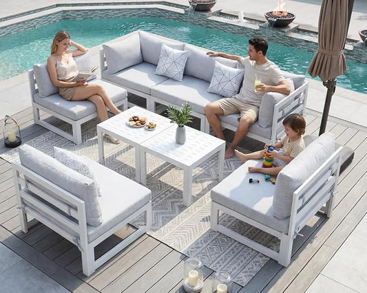 NICESOUL 8 Piece Luxury Aluminum Outdoor Sectional Sofa with Side Table, Large L Shaped Patio Furniture Set, 29" Deep Wide Seating, 500 lbs Heavy Duty Conversation Set for Backyard Garden, Light Gray