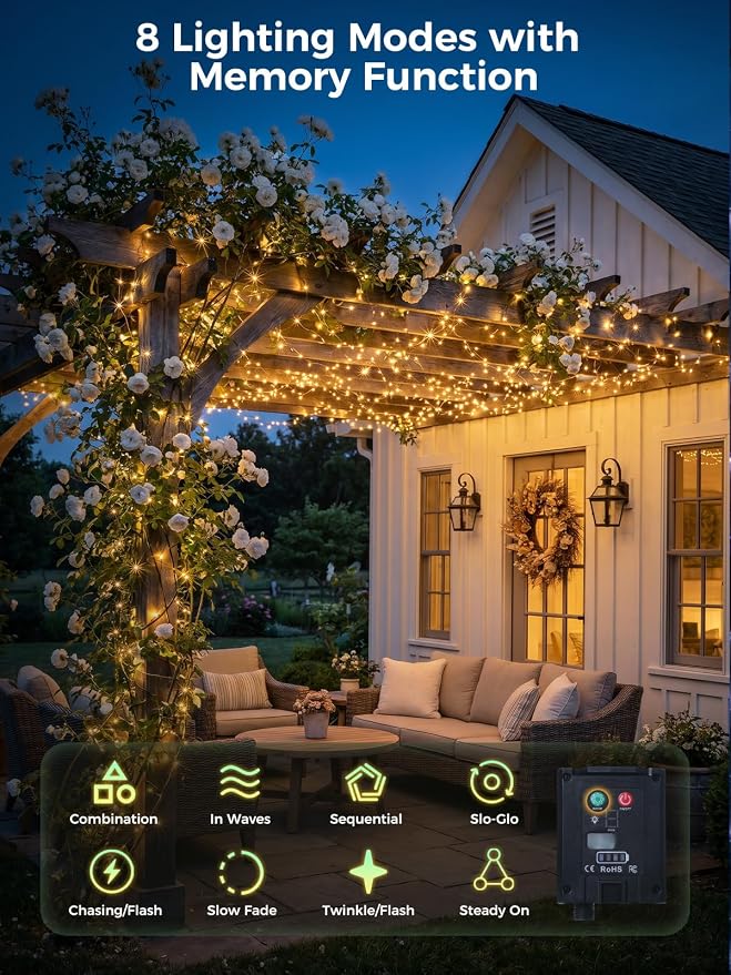 Solar String Lights for Outside,200FT 600 LEDs Solar Fairy Lights,Waterproof 8 Modes Button Outdoor String Light for Patio Garden Backyard Tree Wedding Christmas,Copper Wire,Warm White