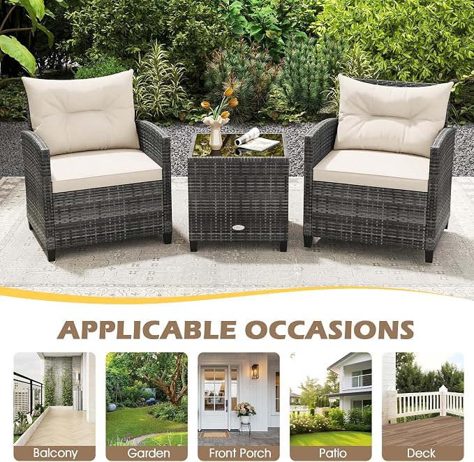 ORALNER 3 Pieces Patio Furniture, Outdoor Wicker Conversation Set Chairs with Soft Cushions and Glass Coffee Table, Mix Gray Rattan Bistro Set for Balcony Garden Deck Front Porch Poolside (White)