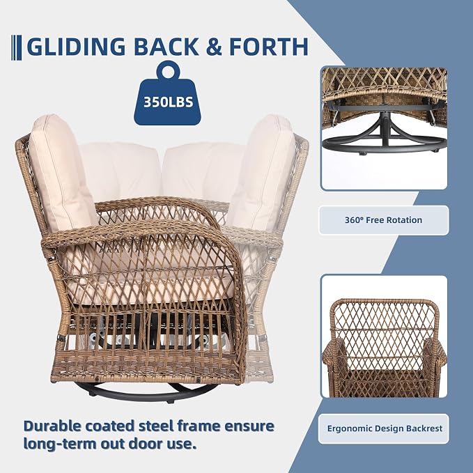 7-Piece Wicker Patio Furniture Sets Outdoor All-Weather Rattan Conversation Set Includes Glider Loveseat, 2 Glass-Top Coffee Tables, 2 Swivel-Gliders Chairs for Porch Backyard, Light Brown