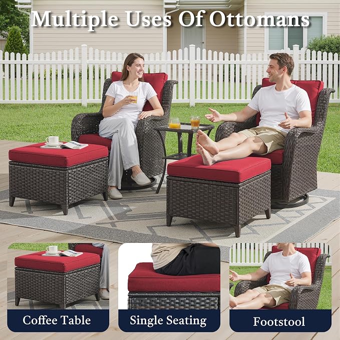 6 Piece Patio Furniture Set with Ottoman - All Weather Patio Conversation Set with 4 Inch Thick Cushions and Deep Seating Swivel Glider Chairs & Outdoor Couch for Porch Deck Yard Pool