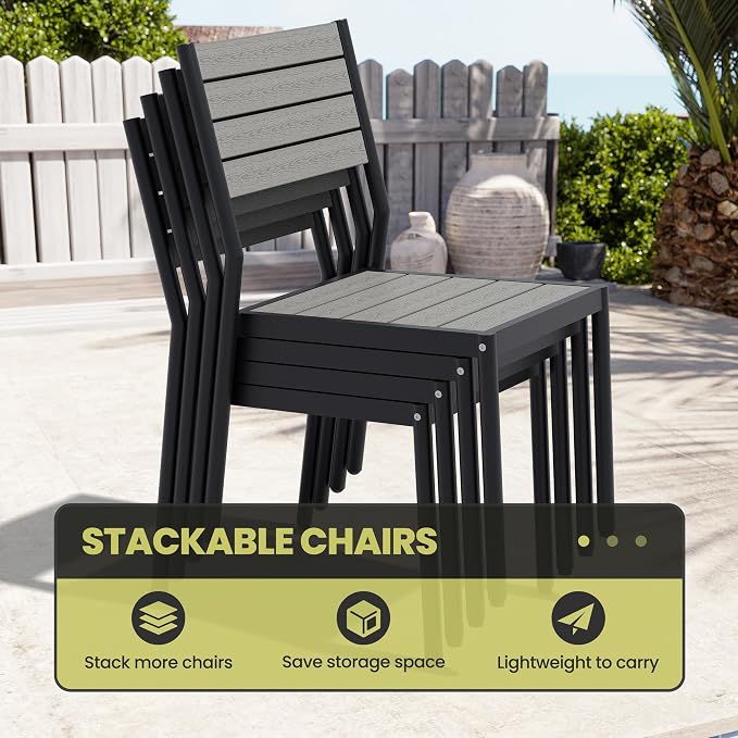 9 Pieces Outdoor Dining Set, 83" Patio Table and Stackable Chairs | All-Weather Aluminum Frame Adjustable Umbrella Hole & WPC for Garden, Patio, Backyard (Grey)