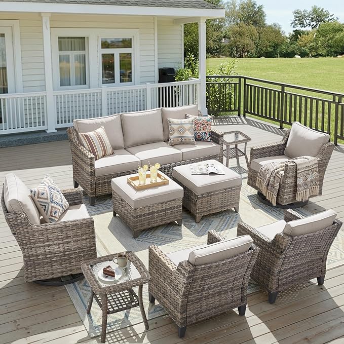 9 Piece Patio Furniture Set-All Weather Outdoor Conversation Sets Sectional Sofa with Wicker Swivel Rocker Patio Chairs, Comfy Cushions Ottomans for Porch Balcony Patio Grey/Beige